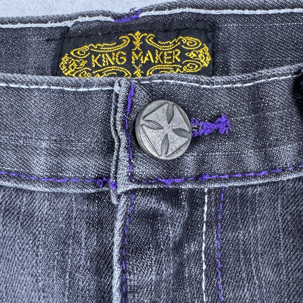 King Maker Mens Straight Leg Jeans Black Faded Purple Contrast Stitch Size 34x28 - Picture 5 of 15